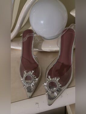Clear Pointed Mule with Crystal Brooch - Dusty Rose Insole
